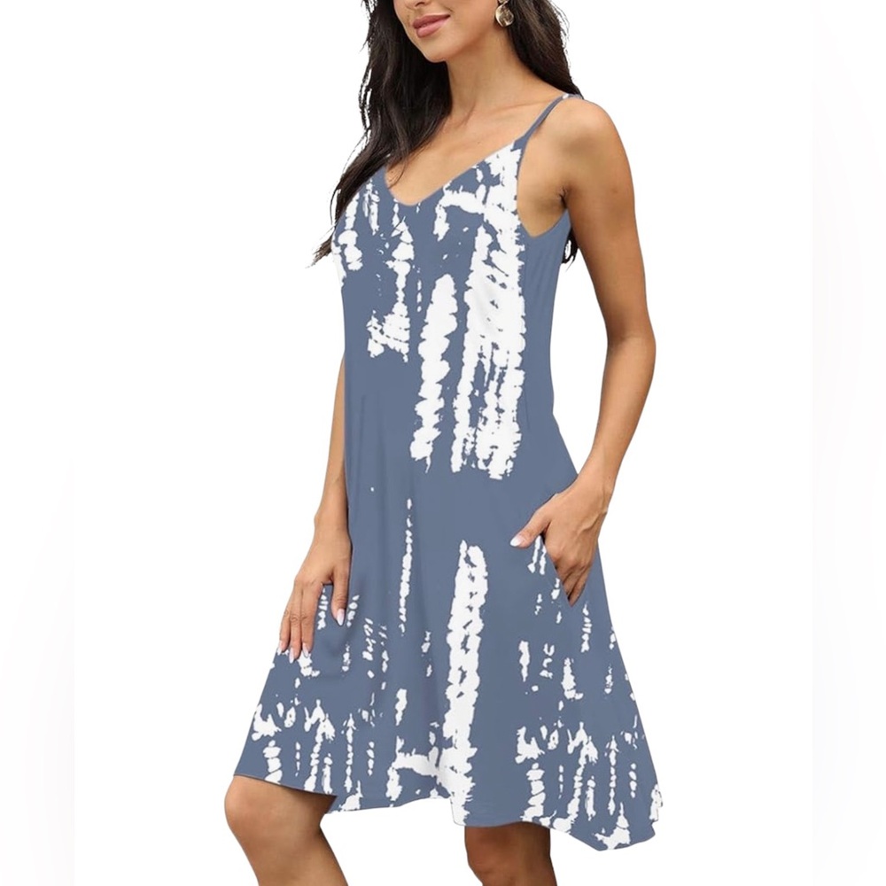 Slate Blue White Tie Dye Abstract Summer Mini Dress with Pockets